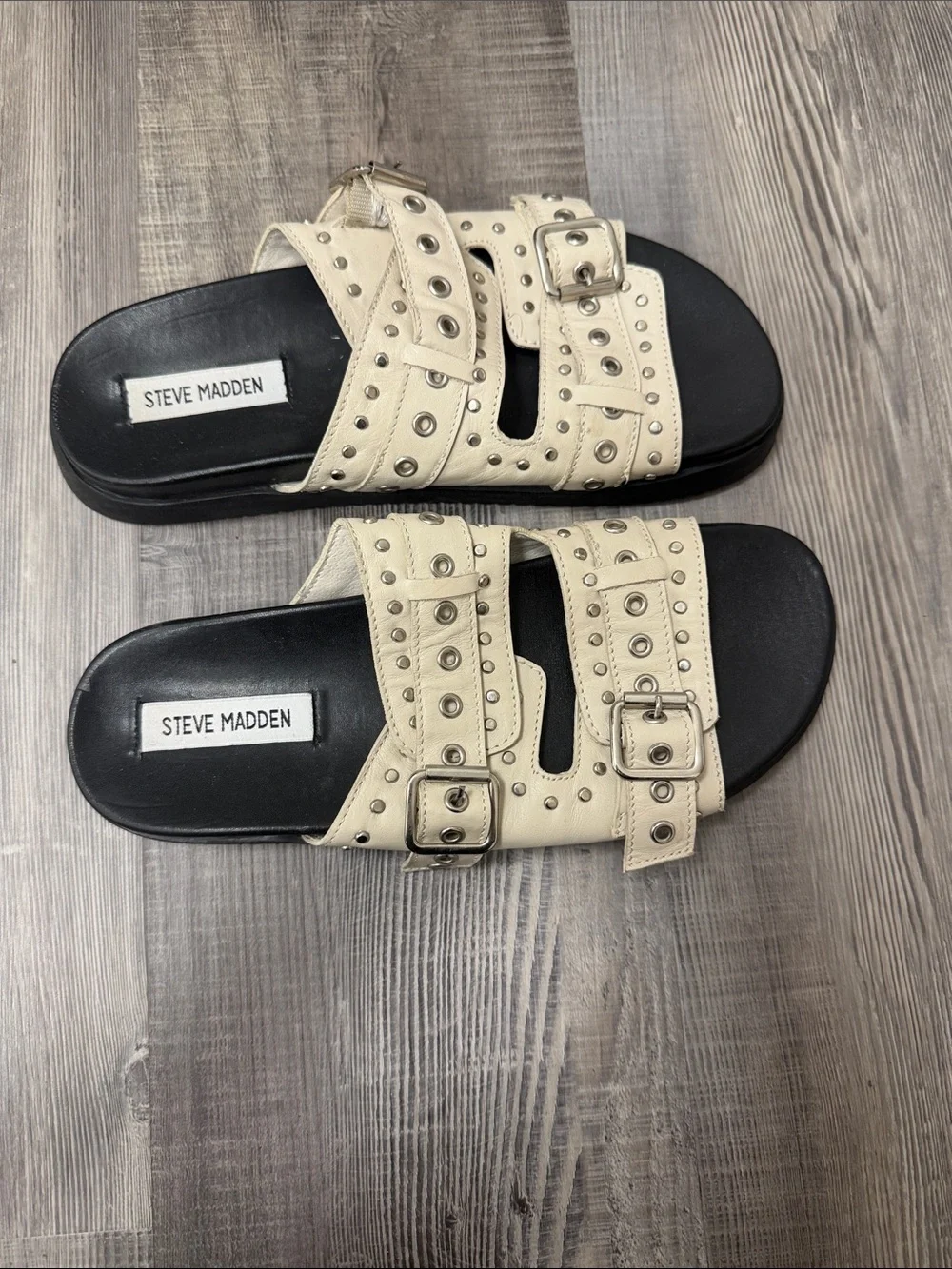 Steve Madden Cream Double-Buckle Studded Slide Sandals